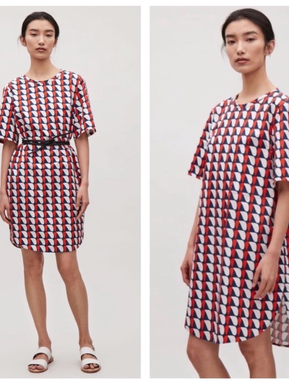 COS Geometric Short-Sleeve Shift Dress in Red, Navy & White